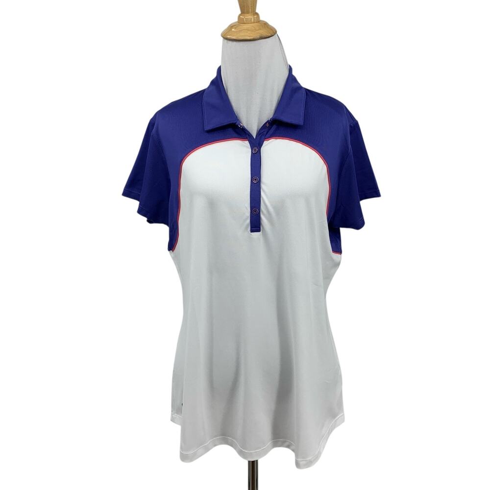 EP Polo Shirt Womens L Large White Purple Pro Golf Cap Sleeve Piping Snap Button
